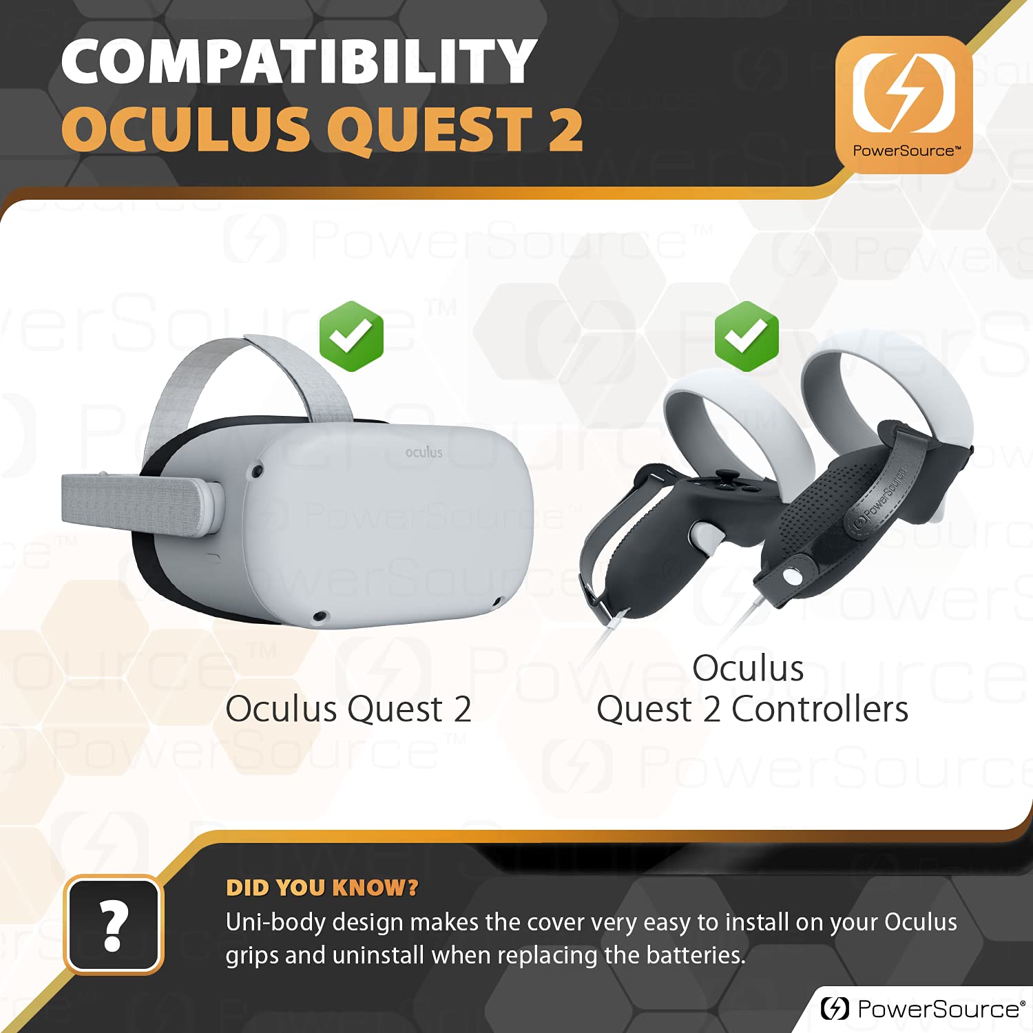 PowerSource Oculus Quest 2 VR Cover Grips, Silicone Unibody Design with Adjustable Reinforced Knuckle Handles and Anti-Throw Non-Slip Grip, Meta Quest Premium Controller Protector