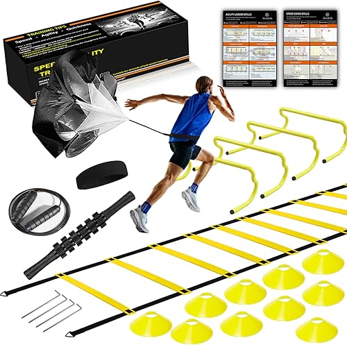 Agility Ladder Speed Training Equipment Set-20ft Agility Ladder 4 Adjustable Hurdles Running Parachute Jump Rope Speed Training Equipment for Soccer