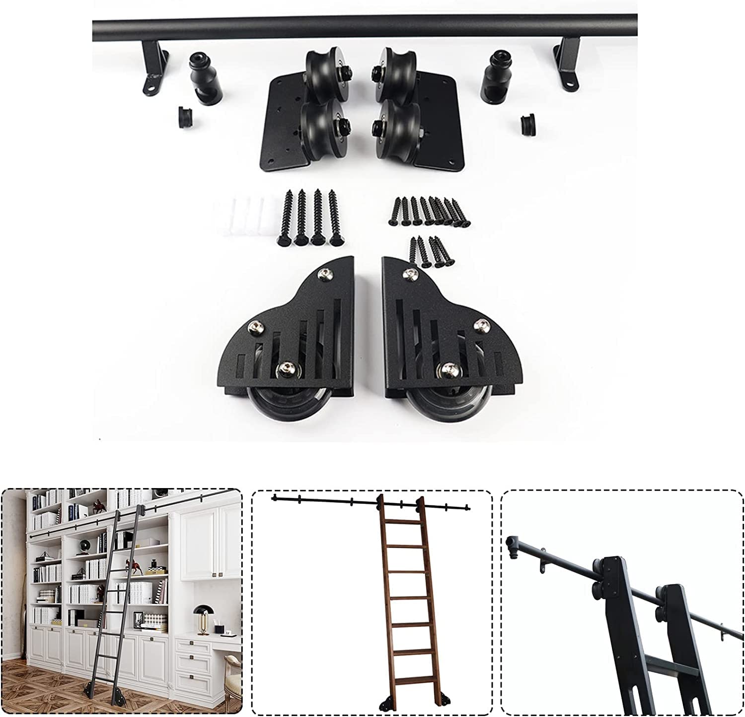 Rail coulissant pour échelle de bibliothèque et placard, kit quincaillerie noir