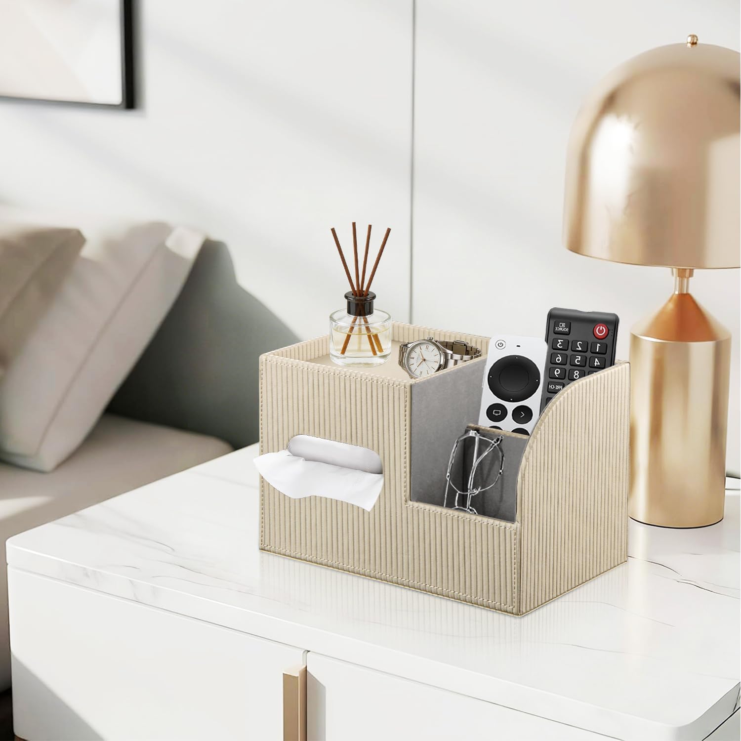 Fanousy Modern PU Leather Cube Tissue Box Cover with Storage Tray, Multifunctional Remote Control Holder & Facial Tissue Dispenser Organizer for Nightstand, Bathroom, Bedroom, Office & Home Decor
