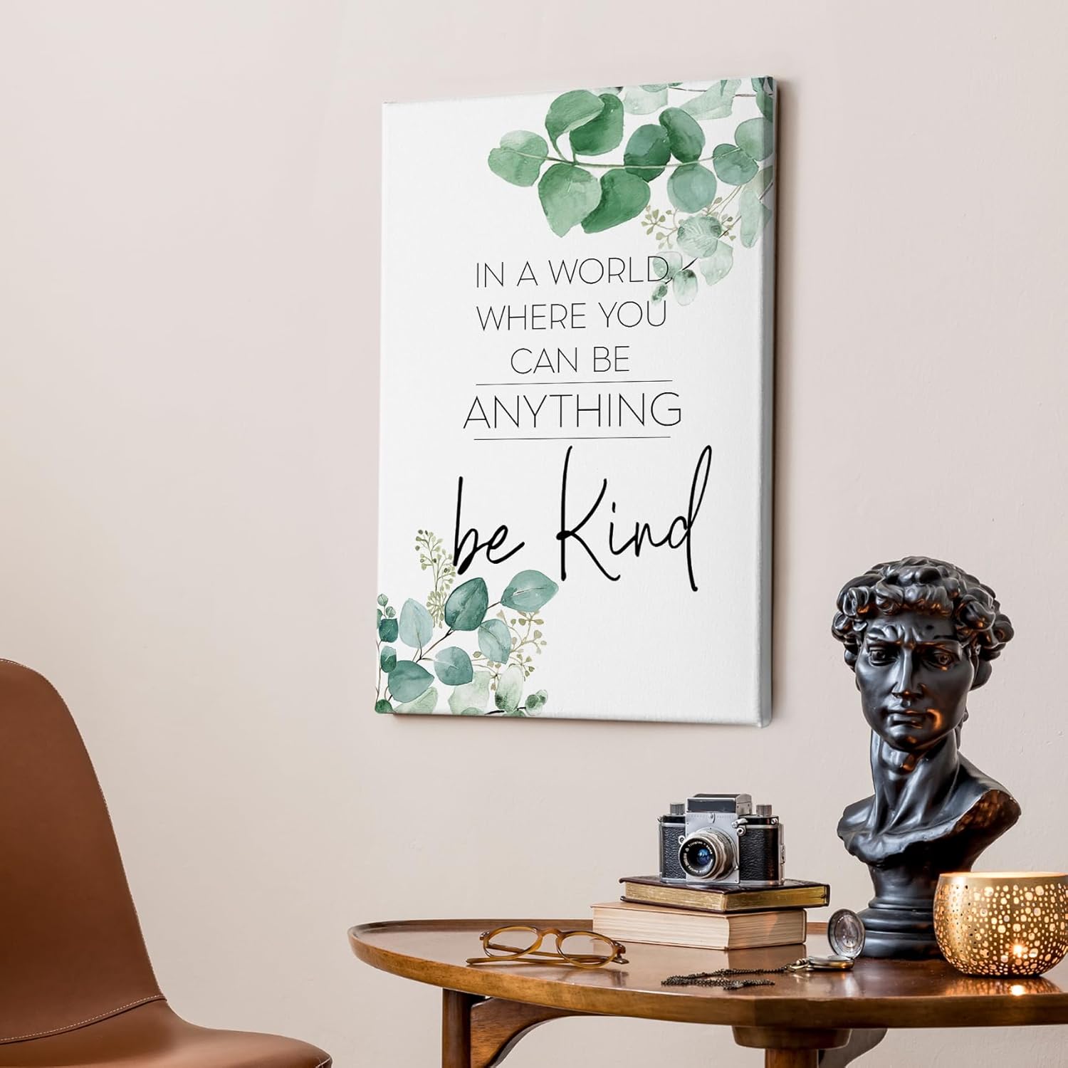 HIWX Be Kind Inspirational Framed Canvas Wall Art Decor, Eucalyptus Botanical Motivational Positive Wall Art Decoration for Bathroom Office Bedroom Home Prints 16x24