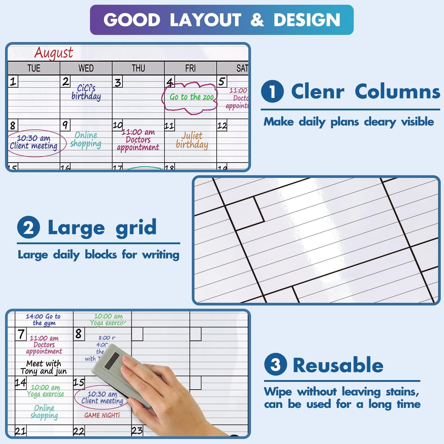 Dry Erase Monthly Extra Large White board Calendar for Wall, 38" by 50", Jumbo Laminated Erasable One Month Whiteboard Calendar, Huge Oversized Blank 30-Day Poster with Lines and Squares