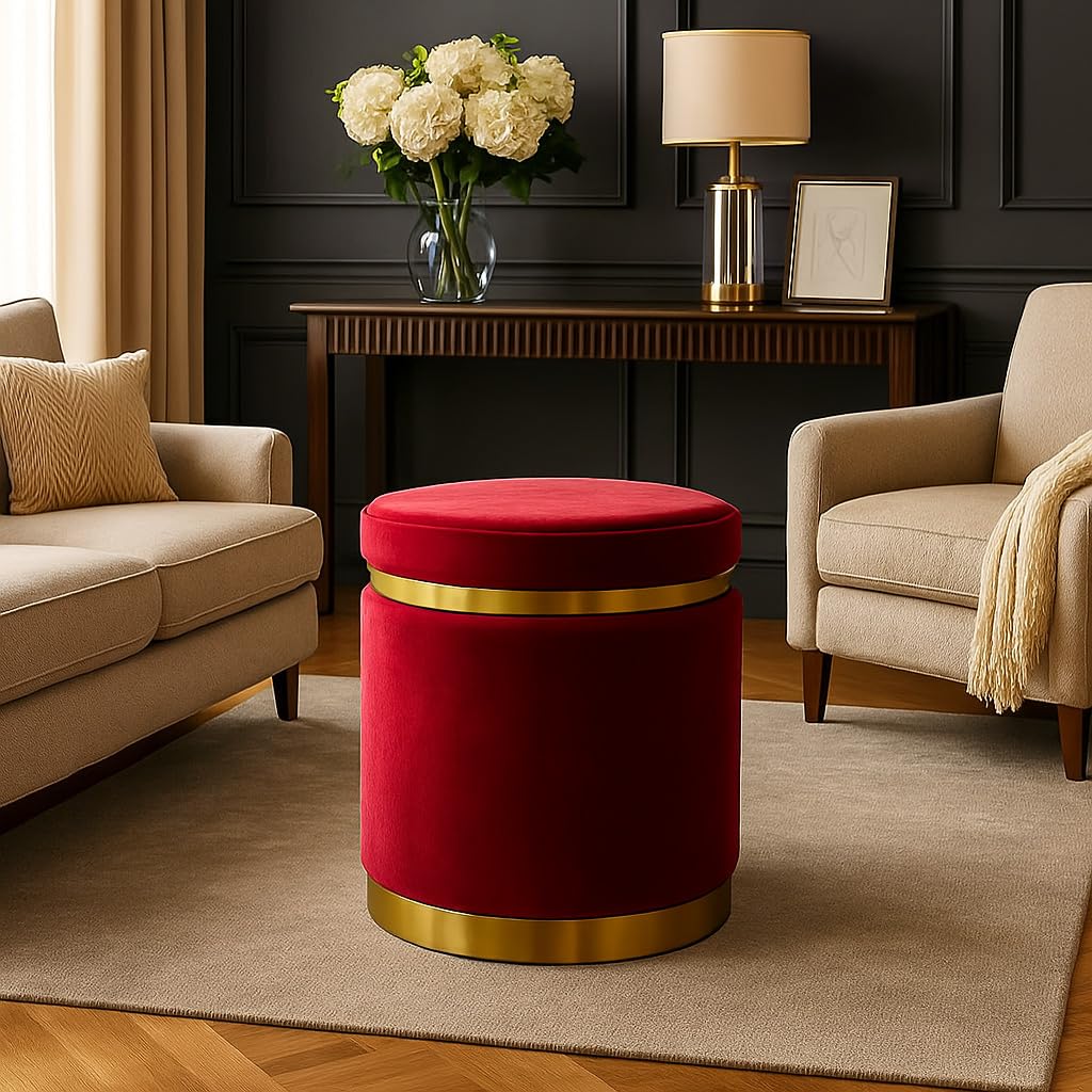 Modern Velvet Cylindrical Ottoman with Gold-Tone Base for Elegant Accent Seating for Living Room or Lounge Corners(Maroon)-image-28