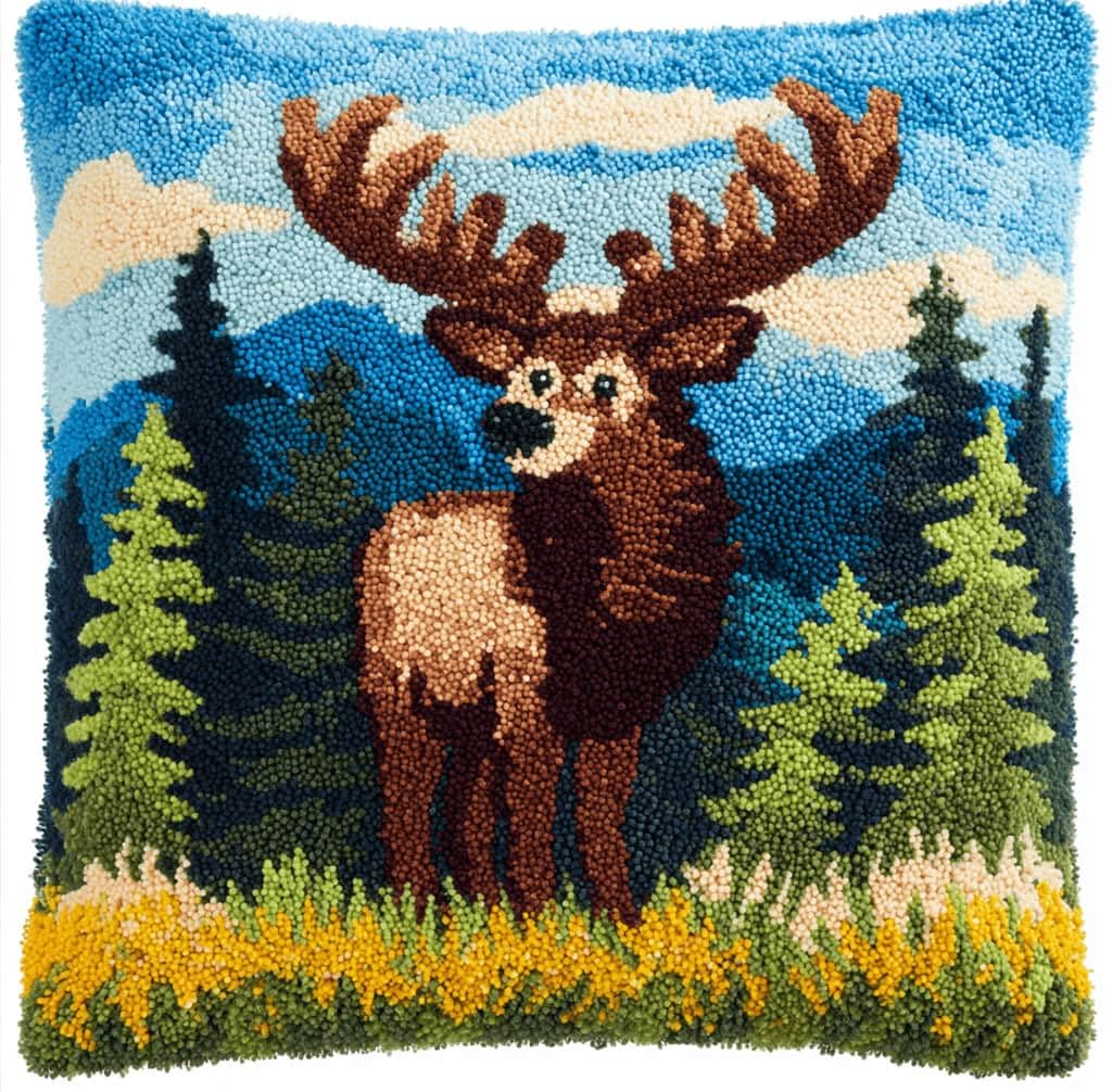 Kitquiver Latch Hook Kits Elk for Adults,Beginners DIY Latch Hook Cushion Kits and Latch Rug Kits Cross-Stitch Embroidery Cushion Cover for Home Sofa Decoration 17X17 in