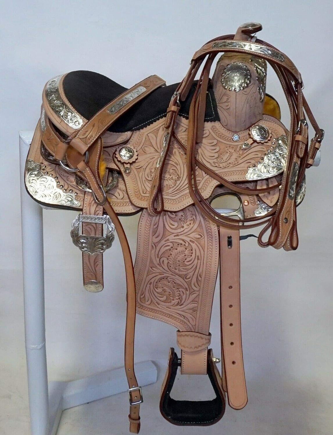 Silver Genuine Cowhide Leather Western Pleasure Show Horse Saddle Handmade with Silver Fitting Equestrian Trail Tack, Get Matching Headstall, Breast Collar & Reins Size:10-18 inches Seat,GG17
