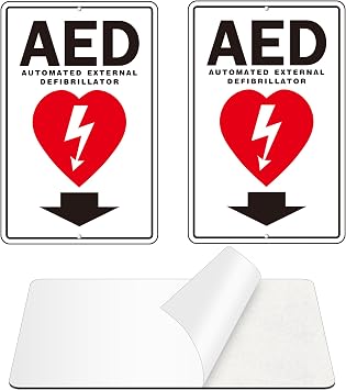 AED Sign, 2 Pack Self Adhesive Aluminum AED Signs for Wall, With 2 Pre-drilled Holes 9 x 6 inches, White/Red