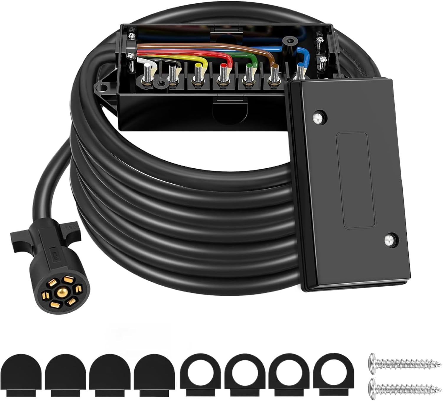 8 Feet 7 Pin Trailer Wiring Harness 7 Gang Junction Box 7 Way Trailer Cord 7 Way Trailer Junction Box Waterproof for RV Trailers and Campers(Power Cord 8FT)