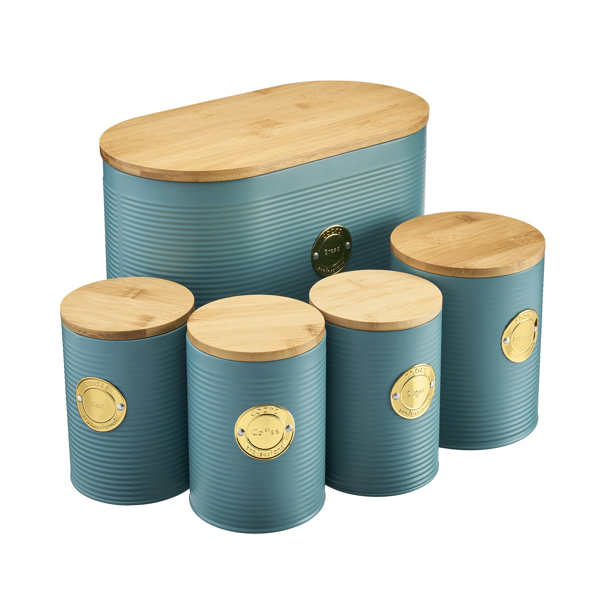 Cooks Professional 5Pc TeaCoffeeSugarBiscuit & Bread Ribbed Canister Kitchen Storage Set With Bamboo LidsTeal & Gold from B&Q