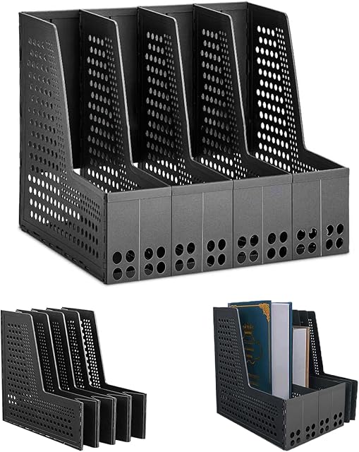 Marte Vanci Hollow Collapsible Magazine Holder with 4 Compartments for School Office A4 File Organization Storage, Sturdy Plastic Desk File Rack Organizer Frames (Black)
