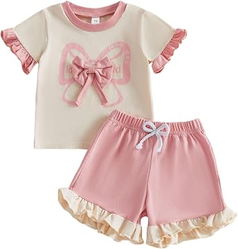 Mubineo Toddler Baby Girl Clothes Summer Bowknot T Shirt Shorts Outfits Kids Ruffle Short Sleeve Tops Short Outfit Set