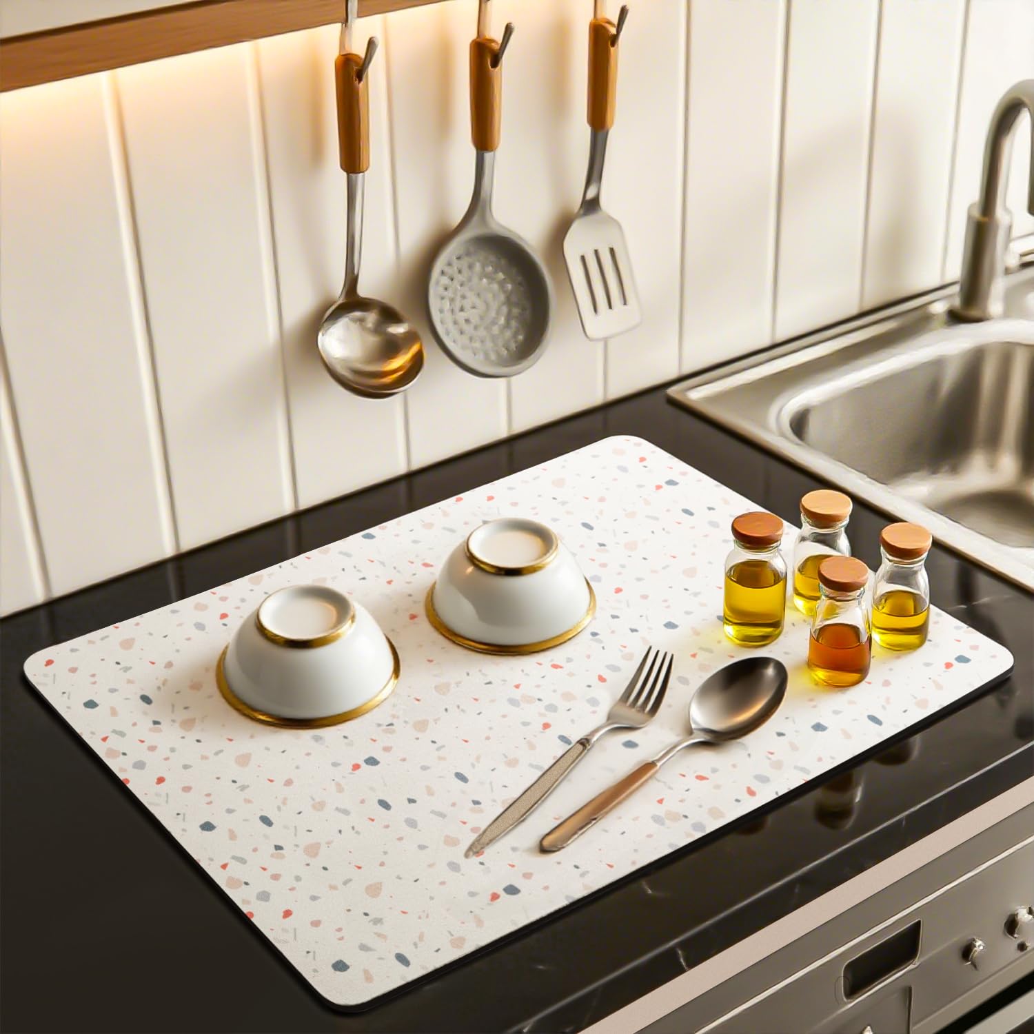 Dish Draining Mat, Kitchen, Dish Drainer, 15.7 x 11.8 inches (40 x 30 cm), Dish Drying Mat, Roll Up Storage, Non-Slip, Dish Place, Oil Resistant, Quick Drying, Absorbent Mat, Shelf Sheet, Color Terrazzo