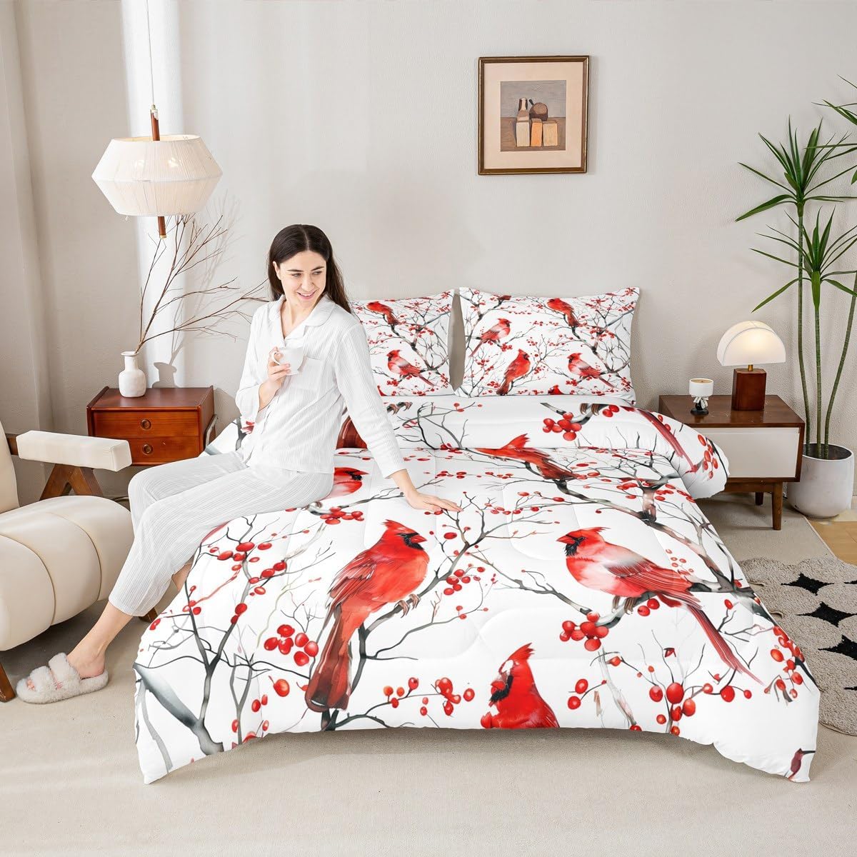 Erosebridal Cardinal Comforter Set Full Size Red Bird Bedding Set for Kids Men Women Natural Safari Branches Rustic White Comforter All Season Quilt Insert