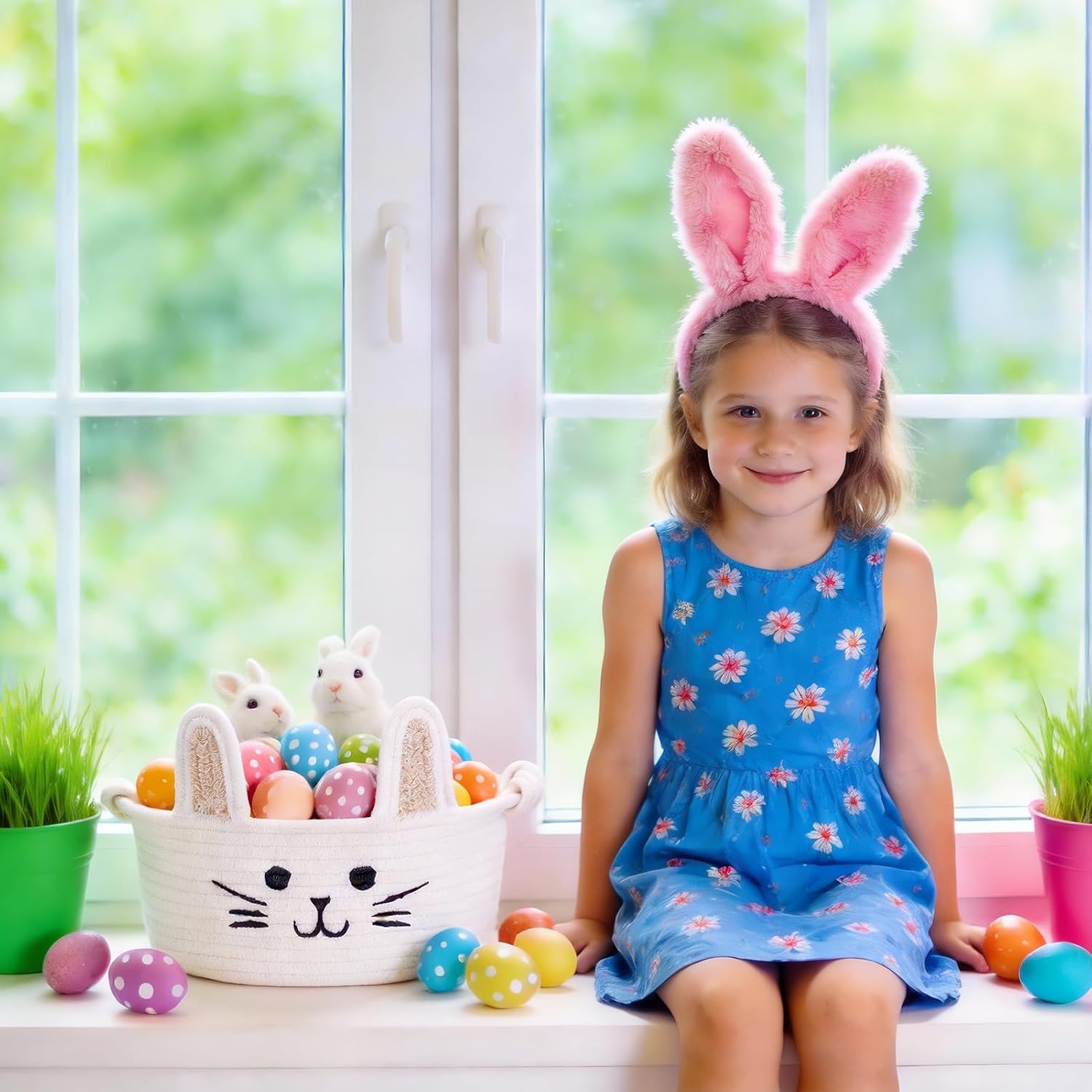 DPKOW Small Woven Easter Basket for Gifts Empty, Cute Rope Bunny Basket for Living Room Nursery Baby Shower Storage Easter Gifts for Toddler Babies Infant, with Gift Bags and Ribbons, 11.5"X 7.3" X 5"