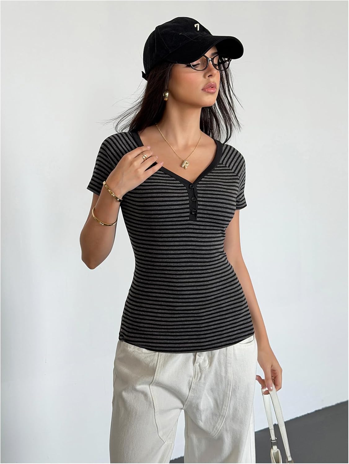 SHENHE Women's Striped Short Sleeve Henley T Shirt V Neck Button Up Y2k Gothic Fitted Tee Top - Image 3