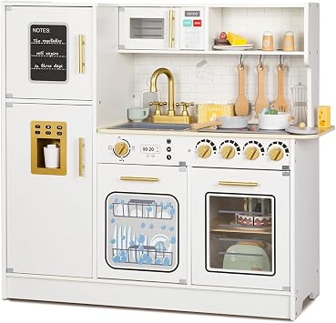 OOOK Wooden Kids Kitchen Playset, Simulated Kids Play Kitchen with Lights and Sounds, Nice Role Play Toy Kitchen with Plenty of Play Features for Kids Gift