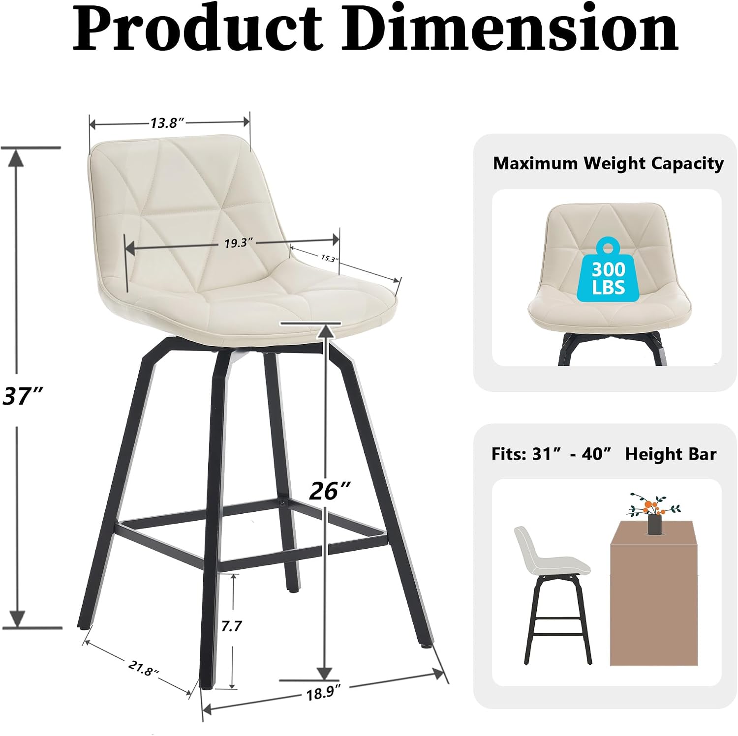 ClinQ 26" Counter Height 360° Swivel Bar Stools Set of 4, Triangular Patterned Faux Leather Seat, Metal Legs Back, Barstools for Kitchen Counter & Island Chairs, Antique White