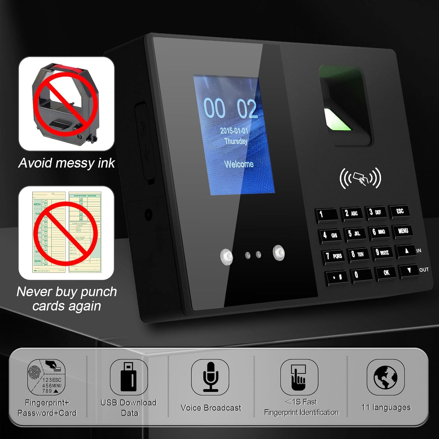 Employee Time Clock, Fingerprint Badge Attendance Machine, 0 Monthly Fee Office Punch Clock for Small Business, 5 Badges Included - T200