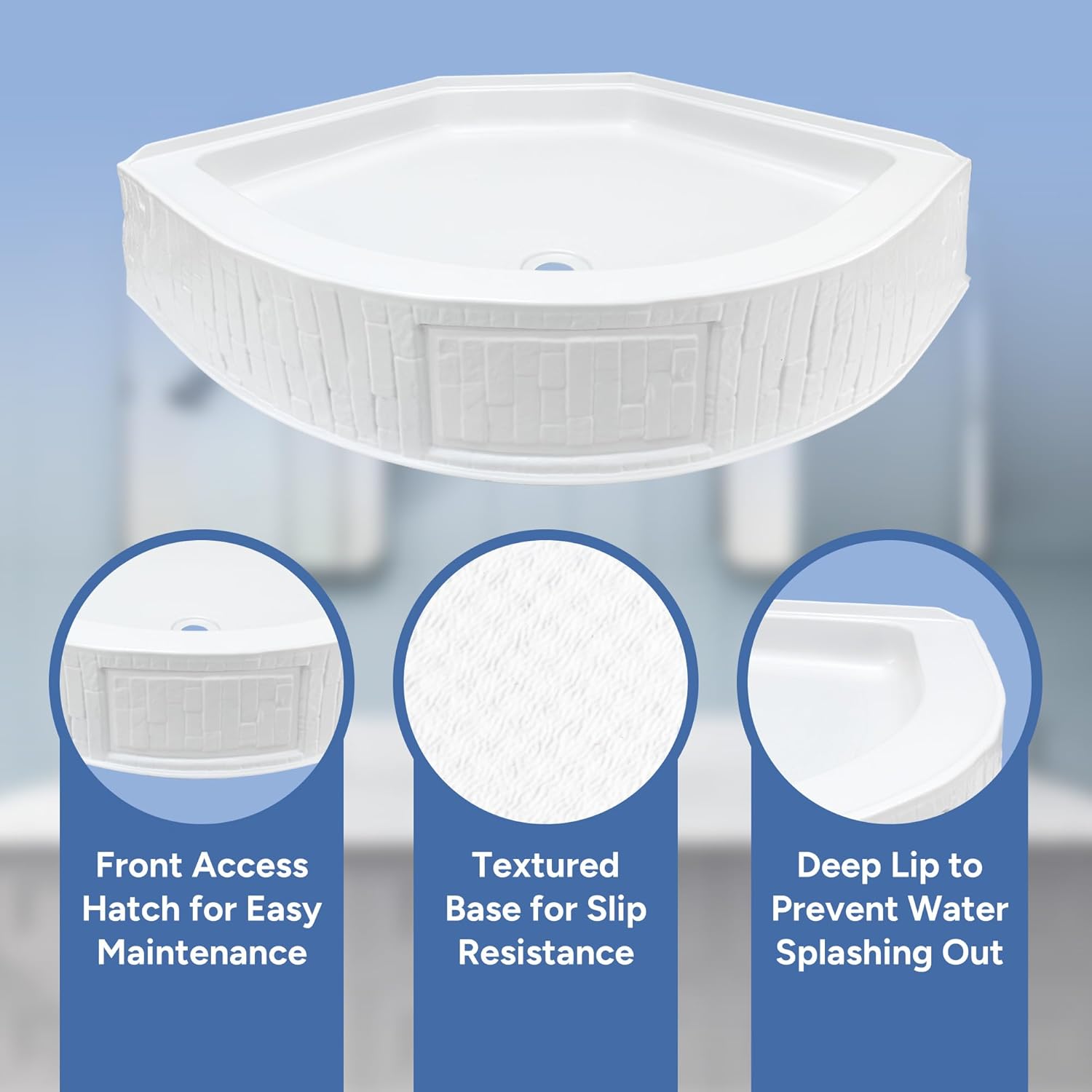 RecPro RV 34" x 34" Corner Shower Pan | ABS Plastic | Slip Resistant Textured Base | 9.5" Skirt | No Drain Fittings