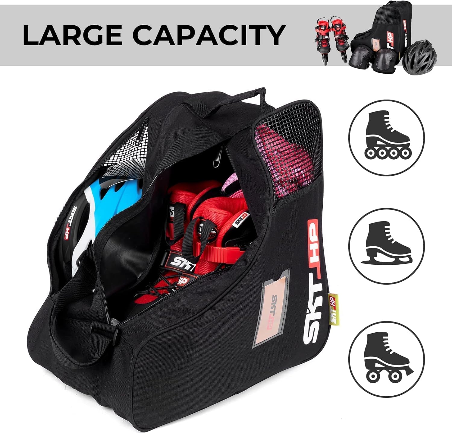 Roller Skate Bag 3 Pack with Adjustable Shoulder Strap for Kids And Adults to Hold Inline Skates Roller Skates Knee pads Helmets Black Blue Pink