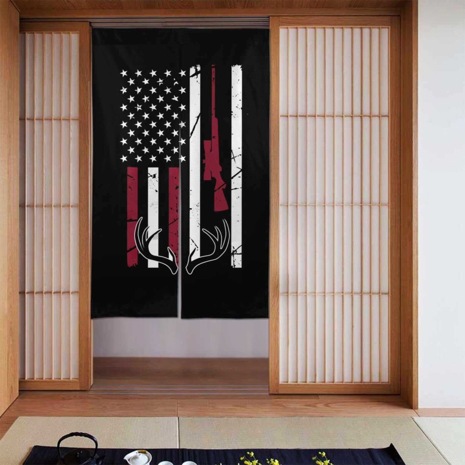 Lukiyys Retro Deer Hunting American Flag with Gun Door Curtains,Doorways Curtains for Windows,Bedroom Divider 34"X 56"