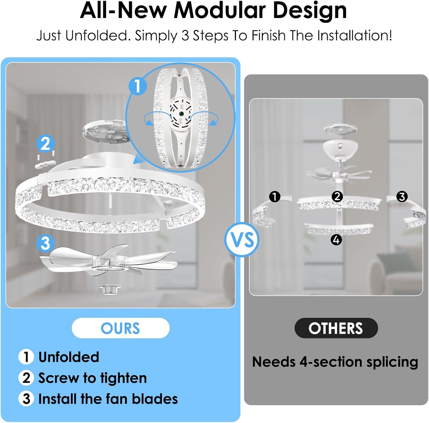 Ceiling Fans with Lights，18" Low Profile Ceiling Fan with APP and Remote Control, 3000-6000K & Brightness Dimmable Fandelier Flush Mount LED Fan Light For bedroom,office Living room- Diamond White