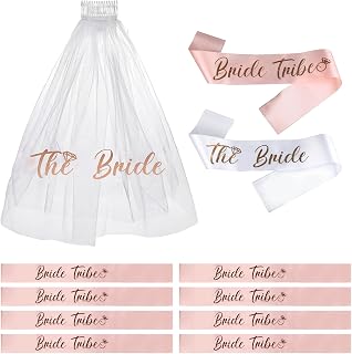 11 Pcs Pink Bride to be Sash White Wedding Veil Set Bachelorette Party Decorations, Bride Sash Bachelorette Party Favors with 9 Bridesmaid Sashes for Bridal Showers Engagement Party Decorations