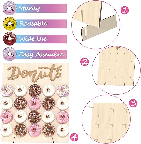 Miniatura 4 de Soporte de pared para donas, 2 piezas de soporte de madera para donas, 40 donas, tablero de donas para donas, fiesta de crecimiento, cumpleaños,
