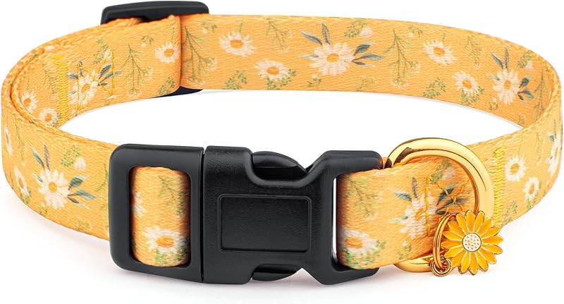 Cotton Handmade Dog Collar for Small Medium Large Dogs,Yellow Daisy with Pendant Cute Dog Collars (Small)