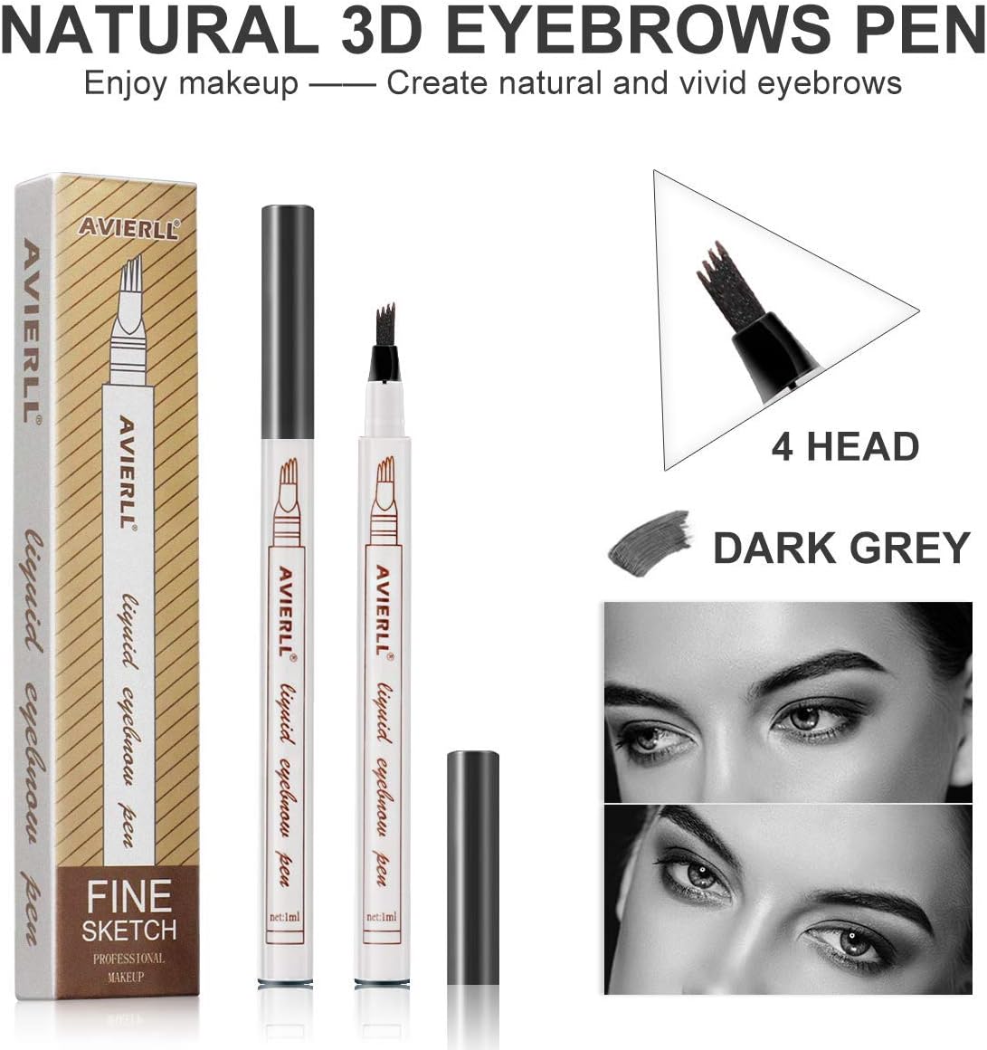 AVIERLL Eyebrow Pen Tattoo Liquid Eyebrows Pencil Long Lasting 4 Tips for Waterproof Natural Eye Brow Makeup Dark Gray 2#