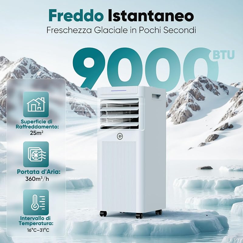 KGOGO hordozható klíma 9000 BTU 4 az 1ben páramentesítő 2 sebességű ventilátor digitális kijelző távirányító ablak készlet 24h időzítő 25 m2