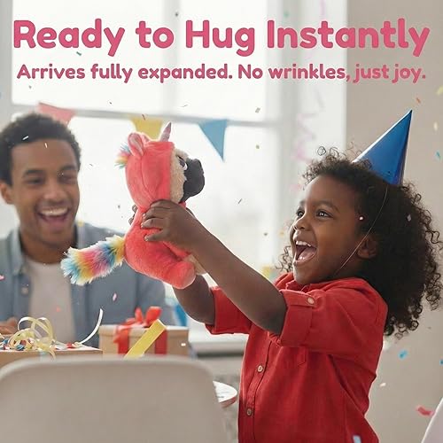 Miniatura 4 de Lindo perro de peluche Pug vestido de unicornio rosa intenso, juguete de peluche suave para cachorro con cuerno de chispa melena y cola de arcoíris,