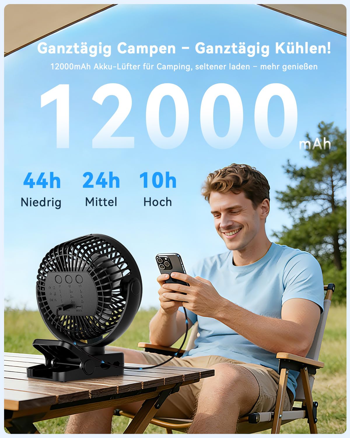 USB Tischventilator Leise mit 12000mAh Akku, Clip Camping Ventilator mit Fernbedienung, Mini Akku Ventilator mit Licht & Timer, 360° Drehbar, 3 Windstufen, Max 44Std Laufzeit für Camping