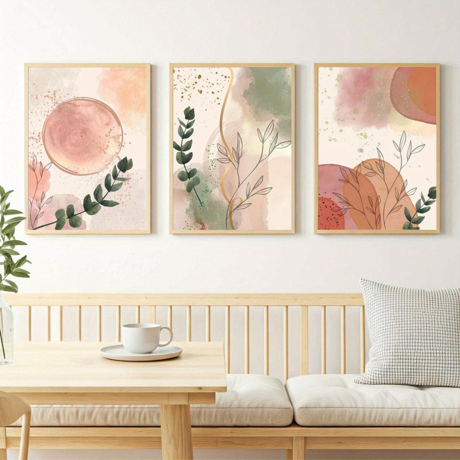 ZBELLO Set of 3 Posters, Abstract Pink and Green Geometric Lines Watercolour Wall Art, Modern Boho Aesthetic Art Prints, for Living Room and Bedroom Wall Decoration, Unframed (50x70cm)