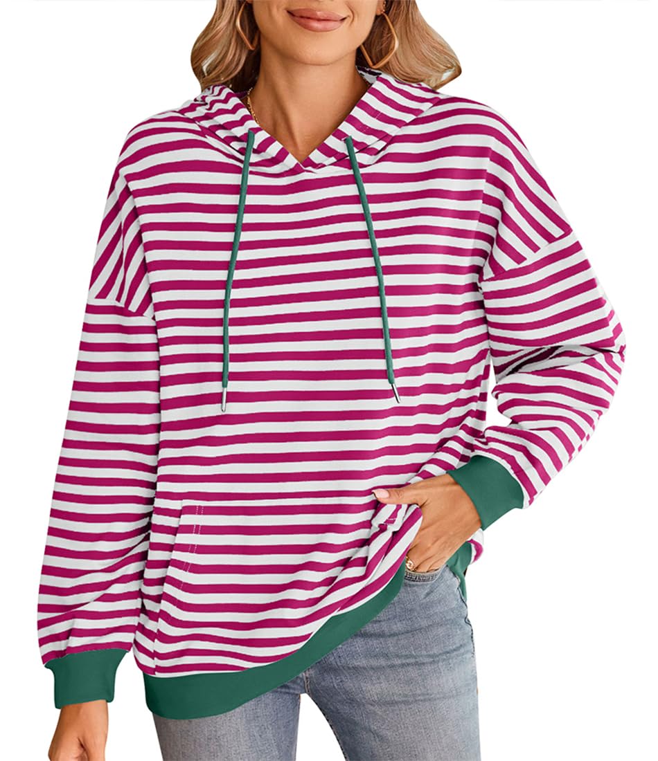 EUDOLAHWomen Oversized Striped Color Block Autumn Winter Loose Casual Striped Hooded Sweatshirt Y2K Shirt Top