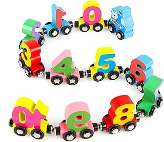 Wondertoys 12 PCS Wooden Train Set Toy Wooden Magnetic Number Train Set Includes 1 Engine Cars for Toddlers Boys and Girl...
