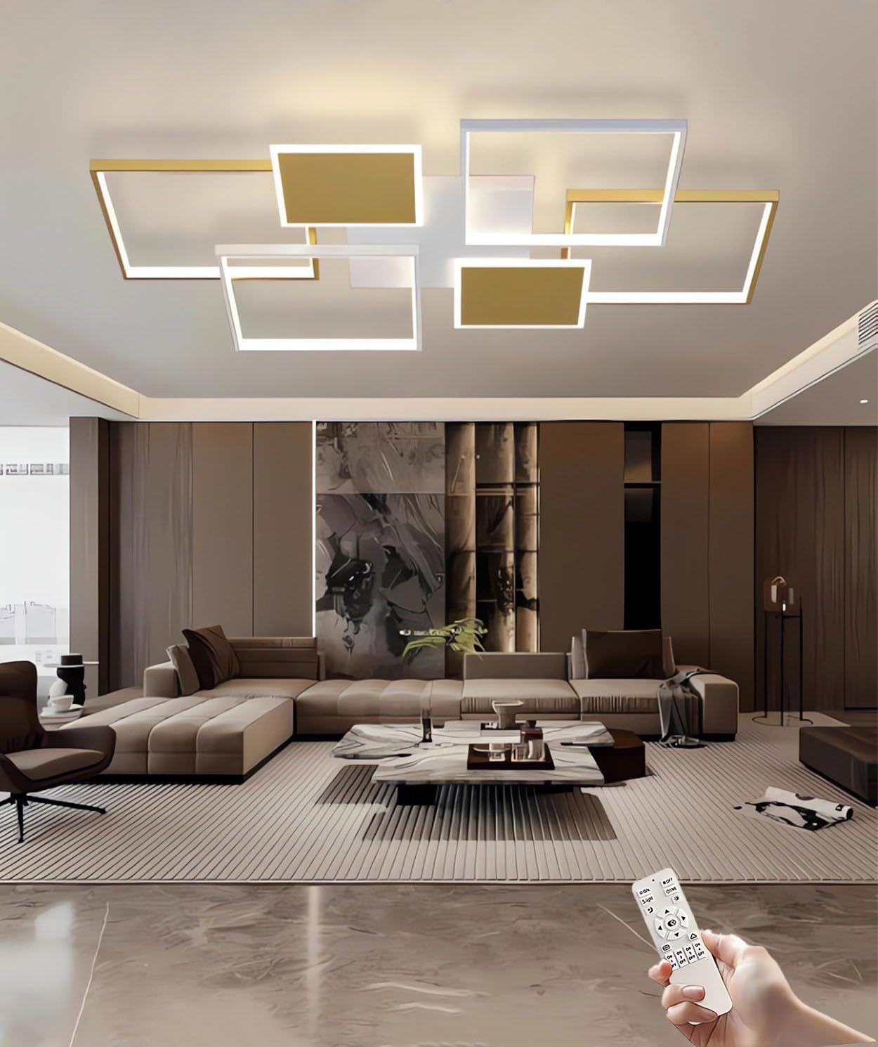 JINGKER LED Ceiling Light Modern Living Room Square Ceiling Light, Dimmable Bedroom Ceiling Light with Remote Control Recessed Ceiling Light for Living Room Bedroom Office (Gold, L90CM)