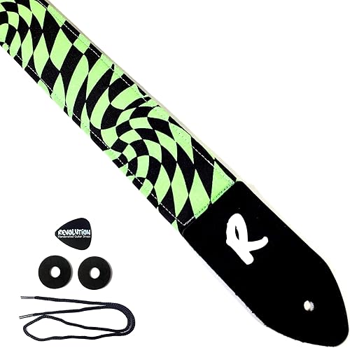 Green Diamond Swirl Guitar Strap, Black Green Genuine Leather Ends, Includes 2 Strap Locks & 1 Pick. Adjustable Strap, For Bass, Electric & Acoustic