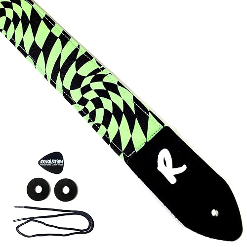 Green Diamond Swirl Guitar Strap, Black Green Genuine Leather Ends, Includes 2 Strap Locks & 1 Pick. Adjustable Strap, For Bass, Electric & Acoustic