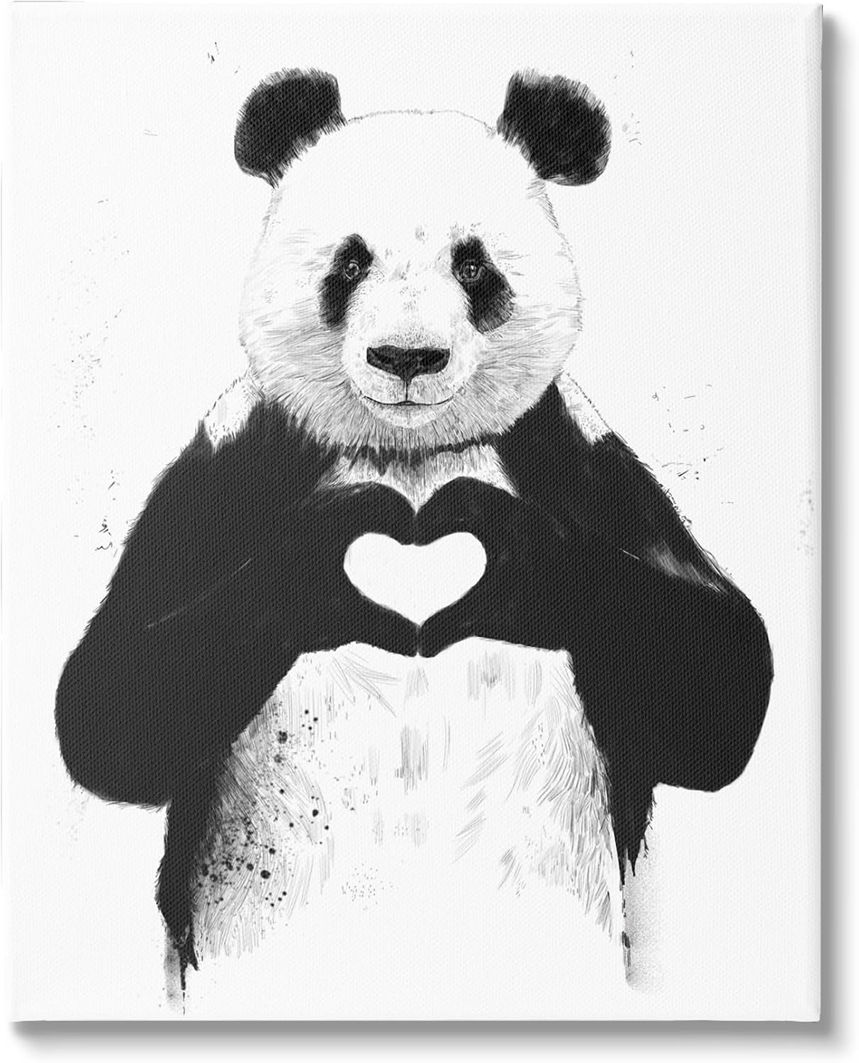 Stupell Industries 'Black and White Panda Bear Making a Heart Ink Illustration', Canvas Art, 16 x 20 Inches, Easy to Hang and Sturdy, Made in USA, by Balazs Solti