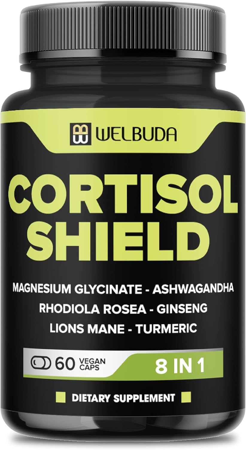8in1 Cortisol Shield – Ashwagandha and Magnesium, Rhodiola Rosea, Lions Mane, Gingsen, and 3 More – Relaxation & Restful Night Support & Mood Balance – 60 Count 8in1 Cortisol Shield – Ashwagandha and Magnesium, Rhodiola Rosea, Lions Mane, Gingsen, and 3 More – Relaxation & Restful Night Support & Mood Balance – 60 Count