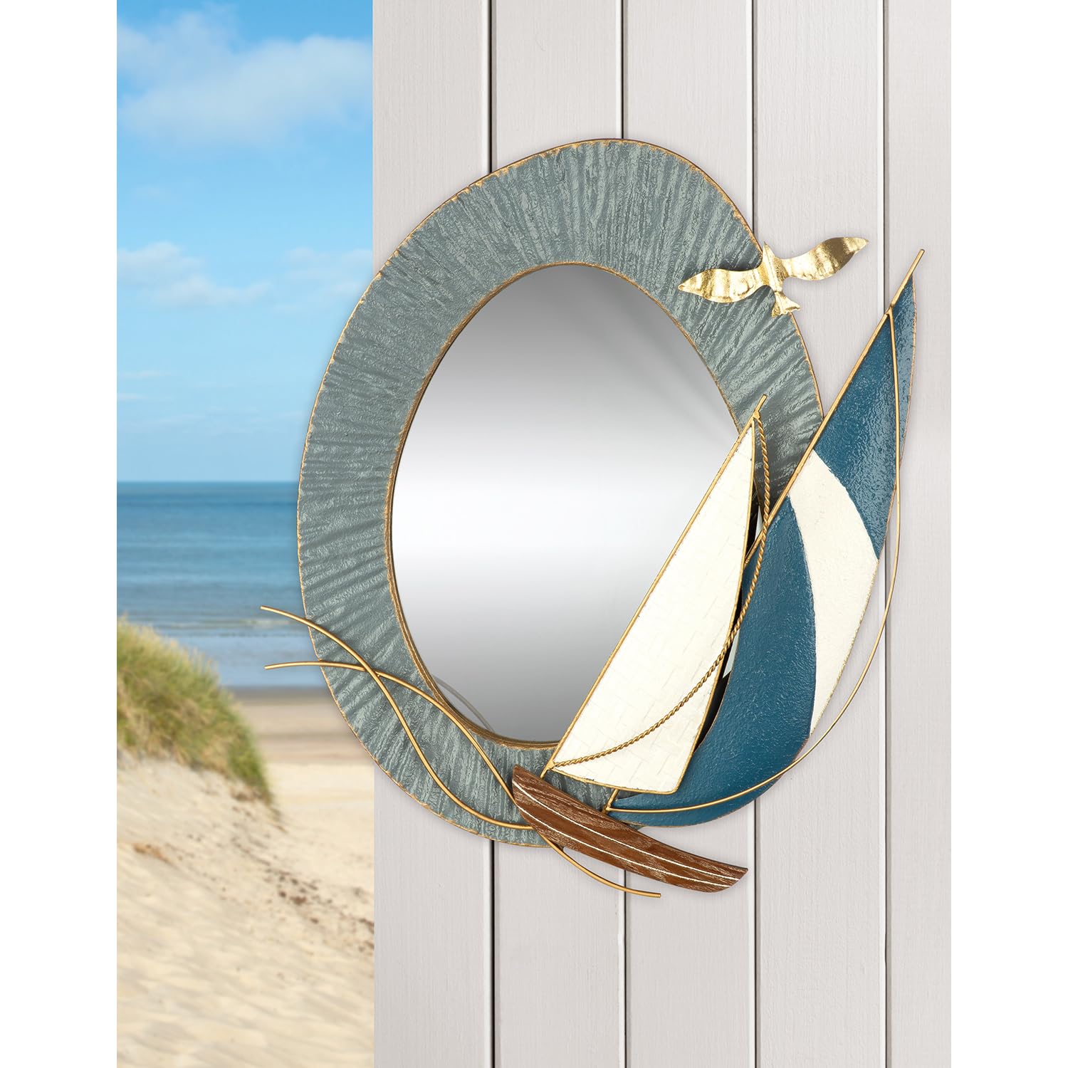 GILDE Spiegel - Bootmotiv Seestern - Metall - gewischt - blau weiß - Höhe 66cm x Breite 54cm - Wandspiegel