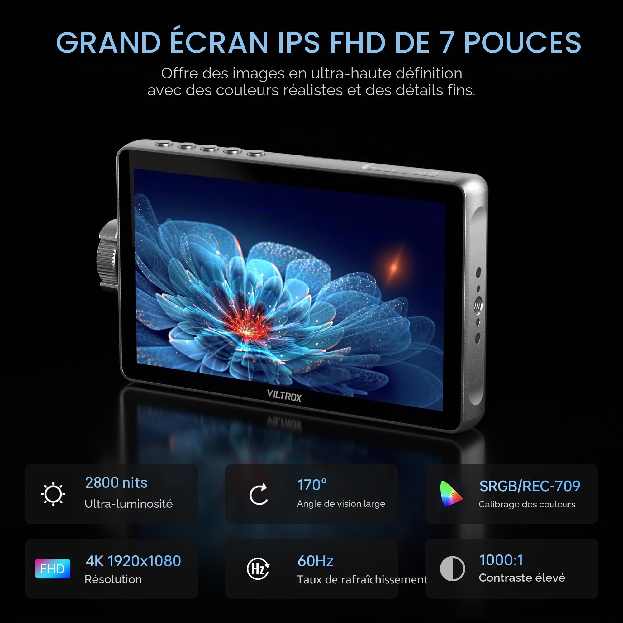 VILTROX DC-A1 2800 Nits Moniteur vidéo avec écran tactile 7 pouces Full HD 1920 x 1080 IPS 4K HDMI Loop in/Out, LUT 3D Forme d'onde Peaking Focus Assist, 170° Large champ de vision