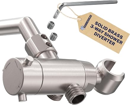 HammerHead Showers Solid Metal 3-Way Shower Diverter Valve with Shower Head Holder, Universal Splitter for Handheld Spray Wand and Rain Showerhead, Brushed Nickel