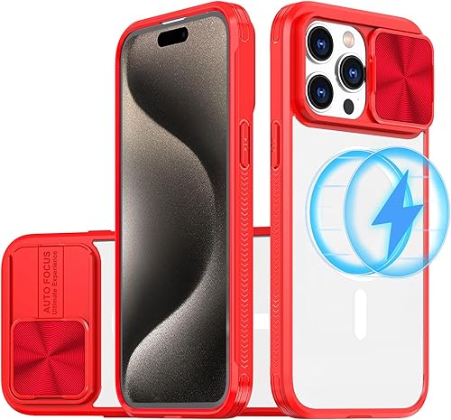 Tcaraersing Funda transparente para iPhone 15 Pro Max con cubierta para lente de cámara deslizante, compatible con MagSafe, antideslizante, delgada,