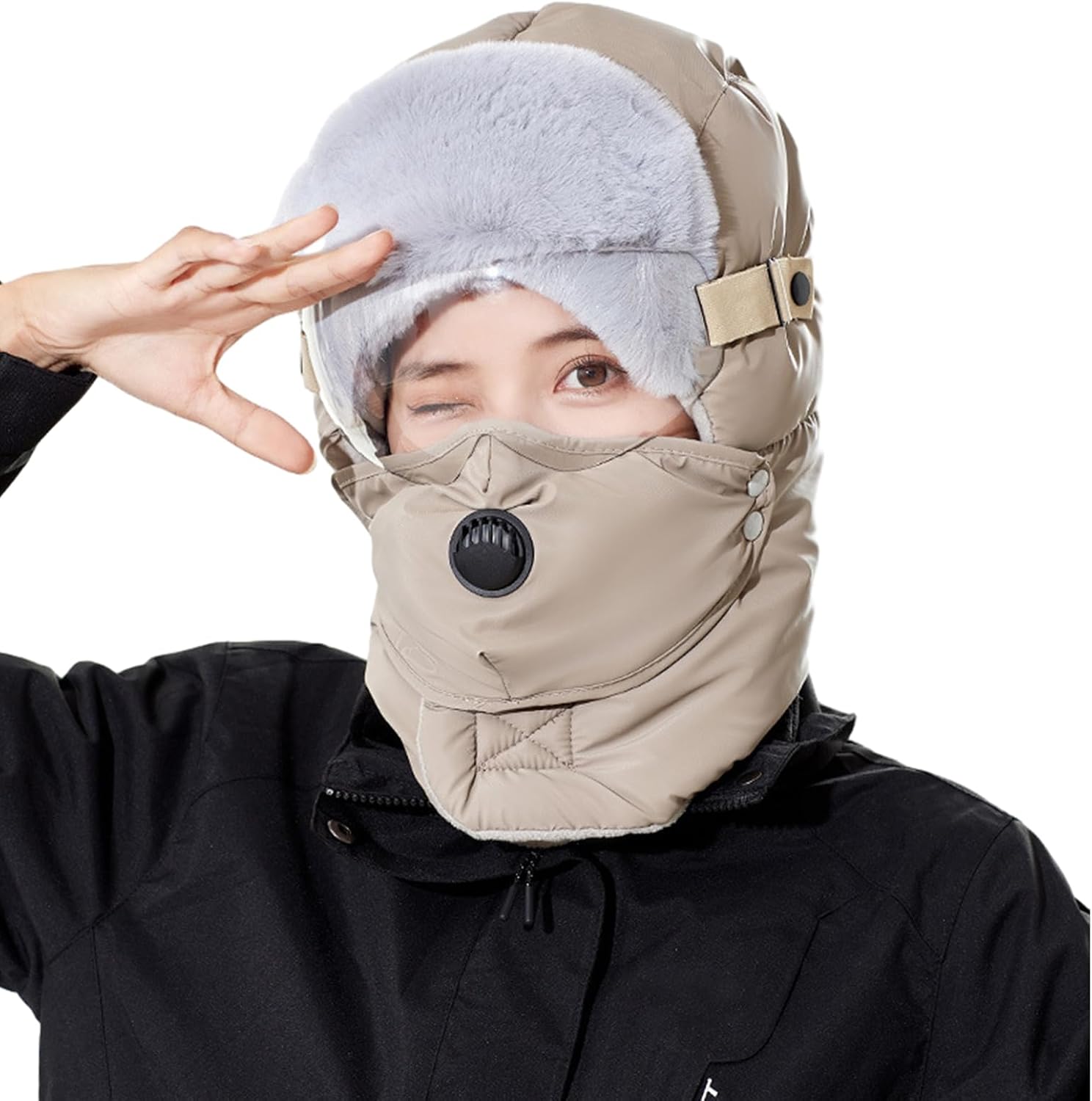 Hat Winter Thickened Outdoor Trapper Hat Outdoor Ski Windproof Earflap Caps Thicken with Goggles Skiing with Goggles Ear Flap Black