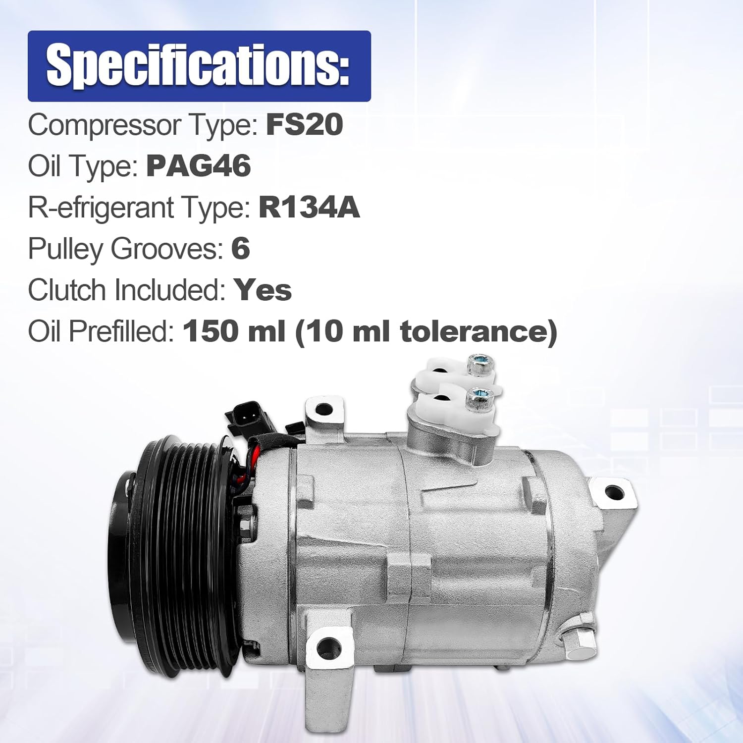 AC Compressor w/Clutch Fit for Ford Taurus 2008-2012, Taurus X 2008-2009, Flex 2009-2012, Lincoln MKS MKT 2009-2012, Mercury Sable 2008-2009 – FS20, 6 Groove Pulley