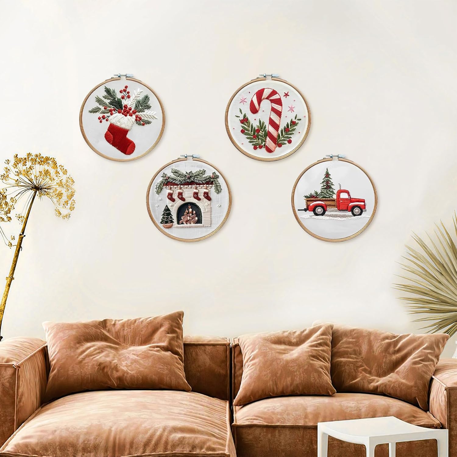 LB Christmas Embroidery Kit for Adults, 4Pc Christmas Embroidery Kits for Beginners with Red Truck, DIY Hand Cross Stitch Kit Holiday Gifts Ornaments Decorations