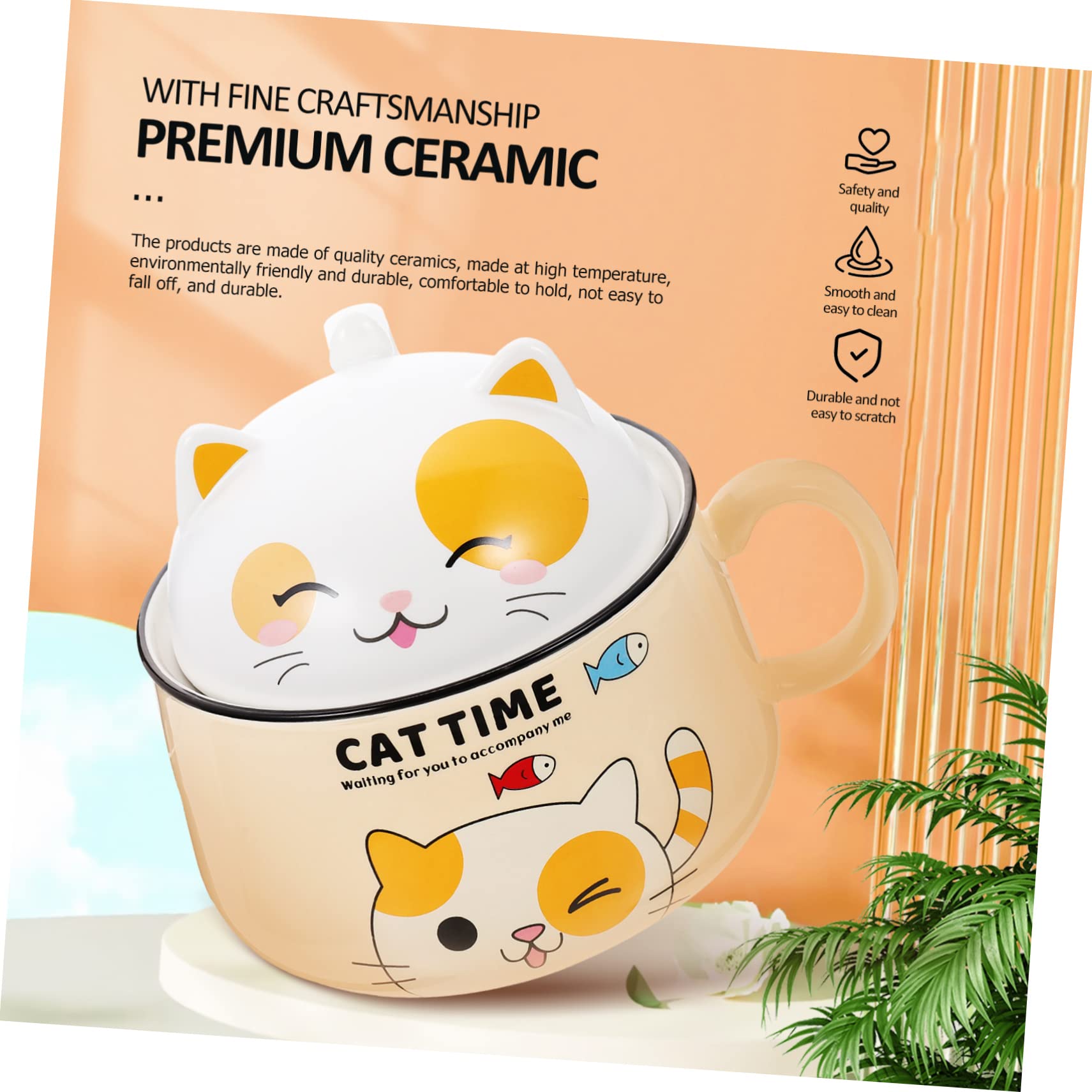 PRETYZOOM Capacity Cat Ceramic Bowl with Lid Decorative Noodle Bowl for Kitchen Tableware Smooth and Easy Instant Noodles and Rice Cute Cat Design