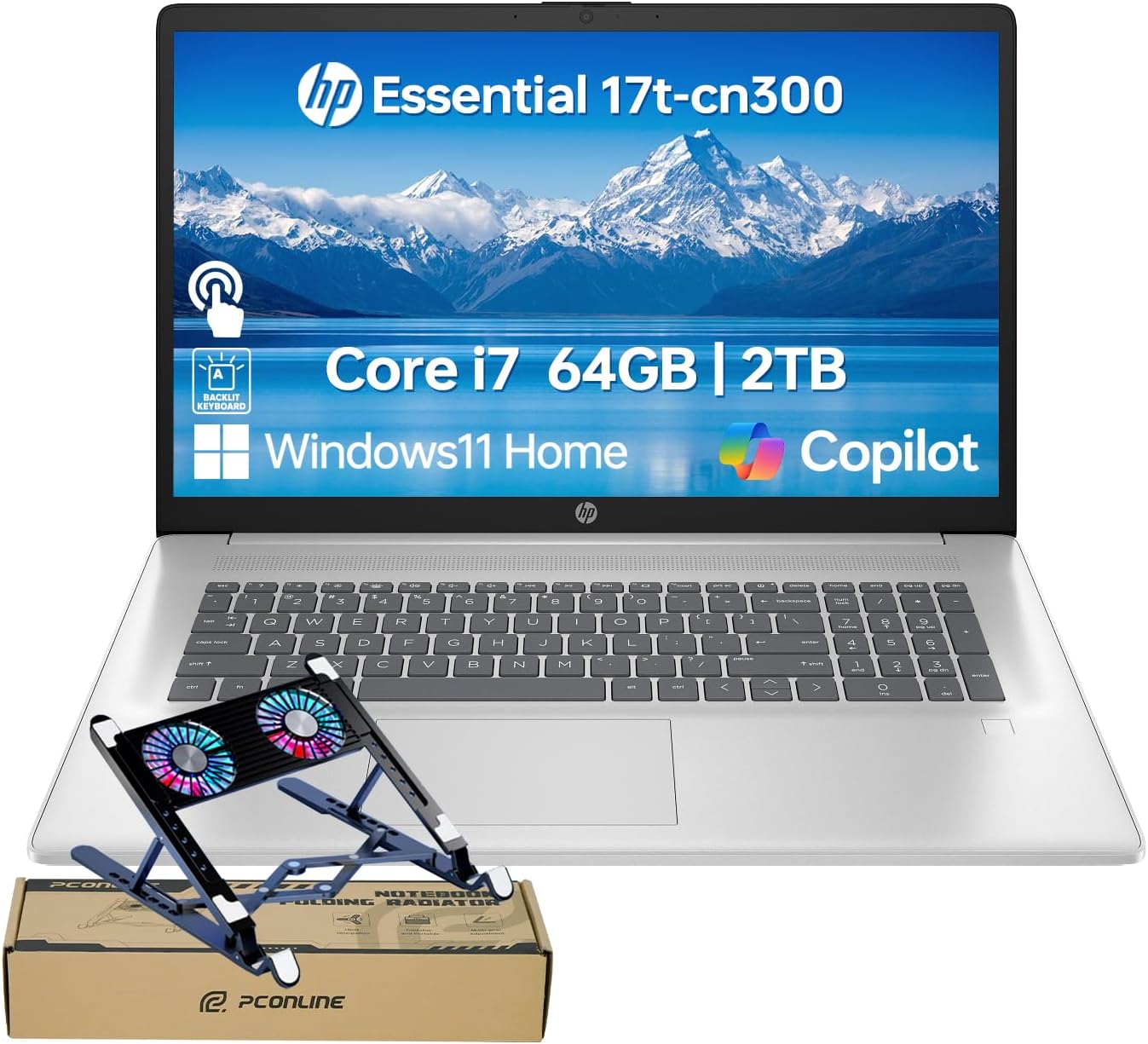 HP Essential 17 Laptop AI PC, 17.3" Touchscreen, Core i7-1355U (10 Cores, up to 5GHz Max Turbo), 64GB RAM, 2TB SSD, Backlit, FP Reader, Wi-Fi 6, Windows 11 Home, Silver