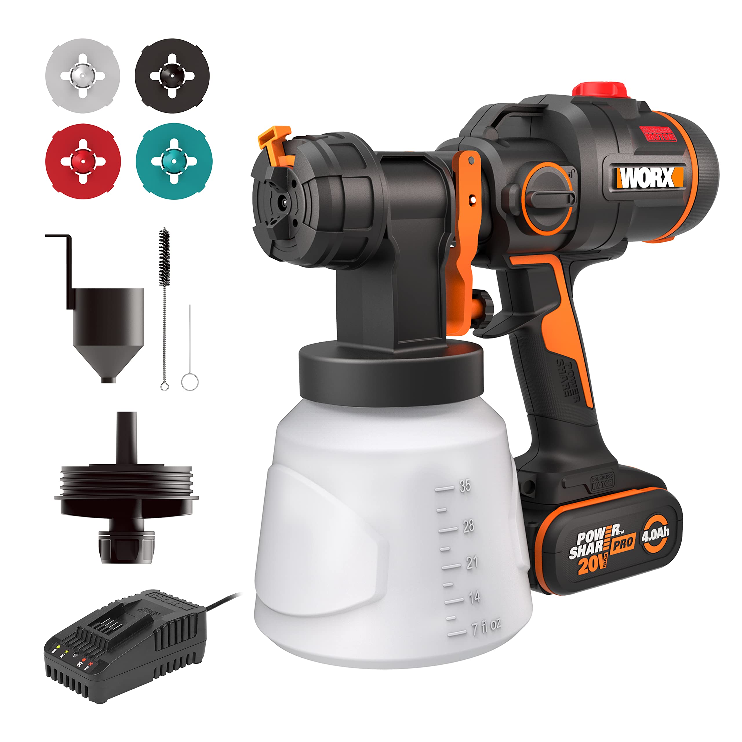 WORX NITRO Cordless Paint Sprayer WX020 - Brushless 20V Spray Gun,1L Container, 20Kpa, HVLP, 3 Spray Patterns & 4 Nozzles, for Furniture, Fence/Deck & Cabinet Painting, 4.0Ah Battery, 2A Charger